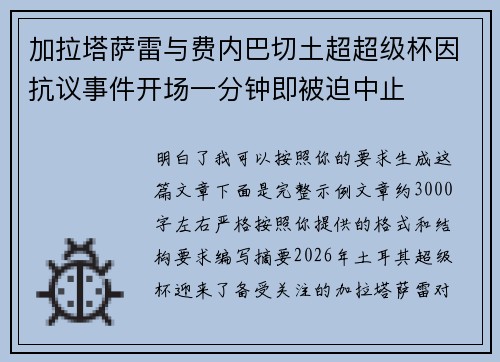 加拉塔萨雷与费内巴切土超超级杯因抗议事件开场一分钟即被迫中止